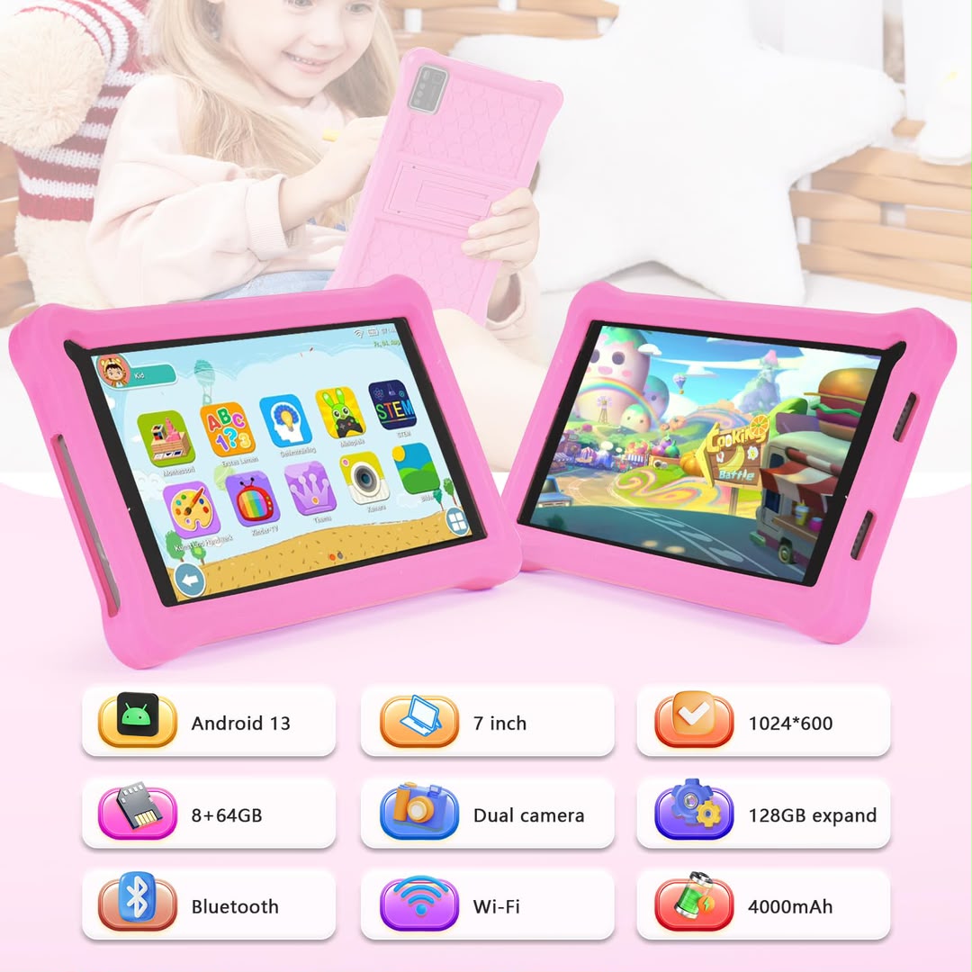 TRIFONE Q72 - Tablette Éducative 7" pour Enfants | Coque Antichoc Rose | Apprendre en s'amusant